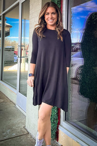 Piko 3/4 Sleeve Swing Dress - Black