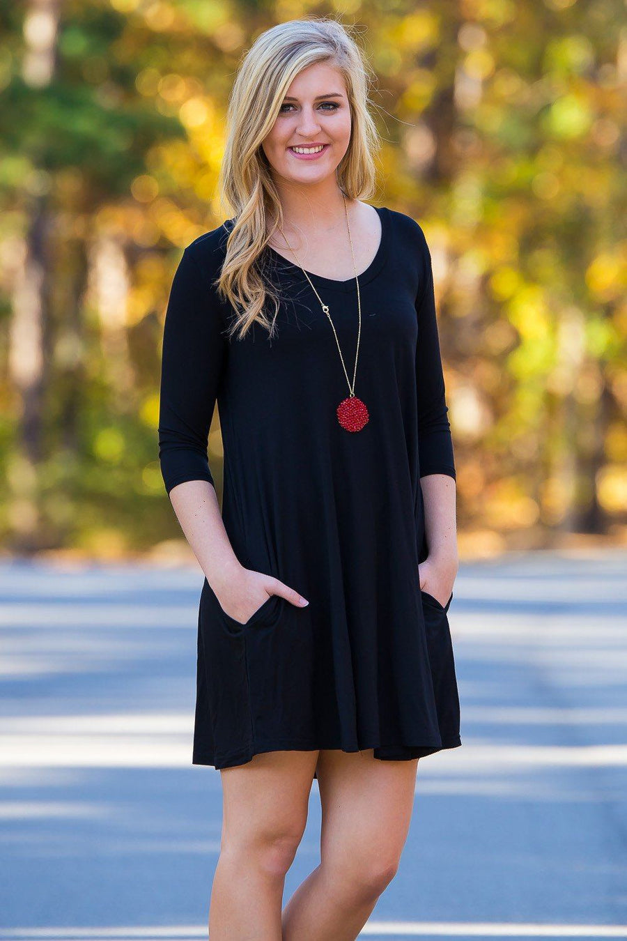 Piko 3/4 V-Neck Sleeve Swing Dress - Black – Piko Clothing