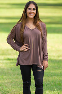 Long Sleeve V-Neck Piko Top - Brown - Piko Clothing