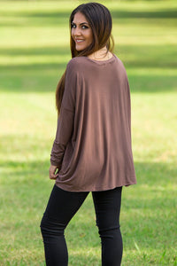 Long Sleeve V-Neck Piko Top - Brown - Piko Clothing