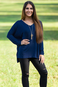 Long Sleeve V-Neck Piko Top - Navy - Piko Clothing